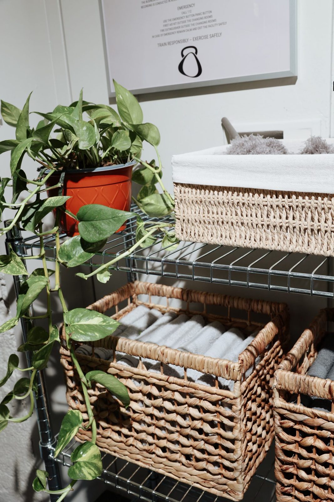 Green plants and wicker baskets with a framed Reason kettlebell mark on the wall