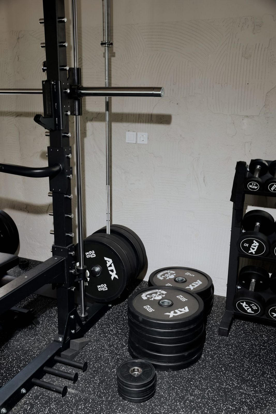 A power rack with stacked 20 kg and 10 kg plates and a dumbbell rack against a cream plaster wall